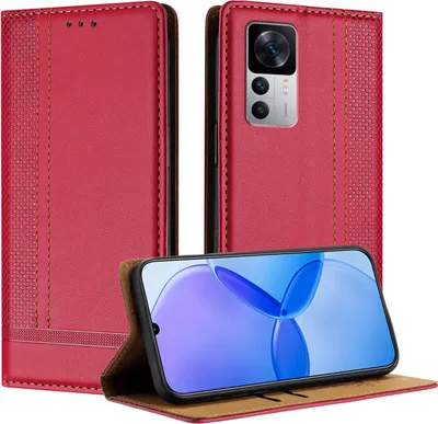 Produktbild von Handyhülle für Xiaomi 12T/12T Pro/Redmi K50 Ultra Leder Flip Klappbare Schutzhülle mit Standfunktion Rot