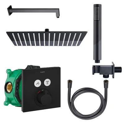 Immagine prodotto di Set doccia Belvit con soffione a pioggia, doccetta e flessibile, con termostato da incasso Hansgrohe LivaFine angolare nero, iBox universal inclusa
