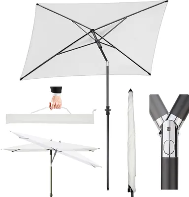A collage of images showing different aspects of a white rectangular umbrella, including its open state, folded state, a hand holding a carrying case, and a close-up of the umbrella's joint mechanism.