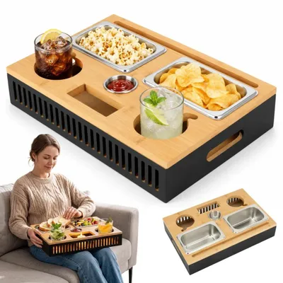 Image de Plateau de service en bambou – Plateau avec porte-bougies – 2 supports pour verres – Récipients en acier inoxydable – Plusieurs compartiments – Idéal pour les fêtes et les barbecues