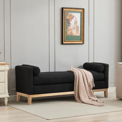 Produktbild von Polsterbank 149 cm mit Holzbeinen & 2 Kissen – Tagesliege & Hocker in Schwarz, Chenille-Bezug, für Bettende, Wohnzimmer & Eingangsbereich