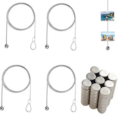 Produktbild von Metallischer Fotodraad mit 48 Magneten, roestfreier Fotodraad mit Clips, Fotohaken, Metallisches Fotokord für das Aufhängen von Fotoansichtkarten