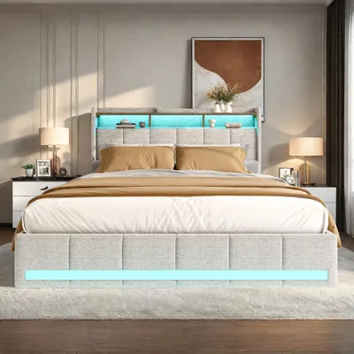 Produktbild von Holzbett - Doppelbett 160×200 cm - LED-Beleuchtung - USB-Ladefunktion - Stauraum mit 4 Schubladen - Holzrahmen - Beige