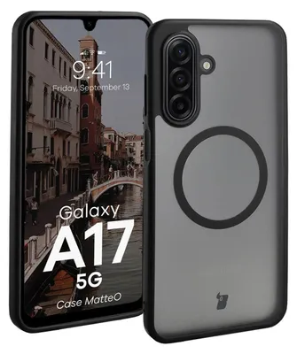 A smartphone case is shown with a phone inside, displaying a city scene on its screen.