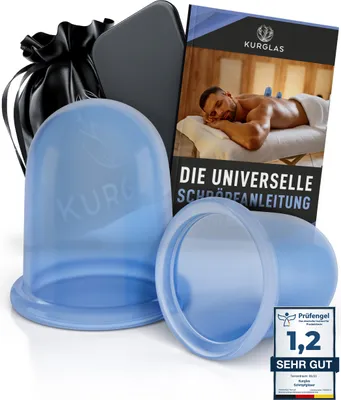 Zdjęcie produktu dla Silikonowe kieliszki do baniek KURGLAS [2 sztuki] - Skuteczne bańki ze skrobakiem do powięzi - Kieliszki do baniek bez BPA - Zestaw do baniek z e-bookiem - Z testem skóry właściwej
