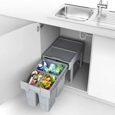 Produktbild von Abfalltrennsystem WASTEBOY 3-fach (1 x 16L und 2 x 7L) ab 400 mm Türbreite mit Teleskop-Behälter Abfallsammler