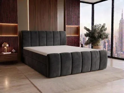Immagine prodotto di Letto matrimoniale 180x200 modello Cloe con contenitore, rete con molle Bonell, topper H3, completo. Letto imbottito grigio in velluto, Immagine generata dall'IA