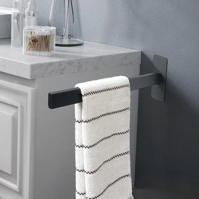 Image de Porte-serviettes Unyqoos® de 40 cm – Support mural adhésif sans perçage, noir, en acier inoxydable SUS304, pour salle de bain et cuisine