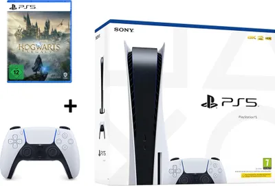 Produktbild von Sony Playstation 5 Disc Edition mit Hogwarts Legacy und zweitem DualSense Controller in Weiß PS5 Disk Blu-Ray Laufwerk