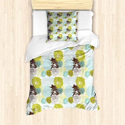 Produktbild von ABAKUHAUS Blumen Mantele, Pastellwild Blätter, Milbensicher Allergiker geeignet mit Kissenbezügen, 135 cm x 200 cm - 80 x 80 cm, Gelb Grün Baby Blue