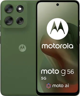 A marketing image of a Motorola Moto g56 5G smartphone in green, showing both the front and back of the device.