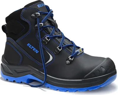 A single black and blue work boot is shown against a white background.