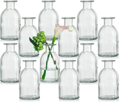 Image de Lot de 12 petits vases en verre, transparents, style vintage, striés, ronds, en verre, colorés, petits, pour la décoration de table, pour un mariage