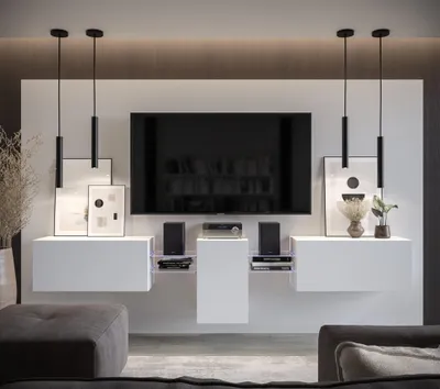 Immagine prodotto di Furnitech Parete attrezzata soggiorno - Parete attrezzata moderna - Scaffali e mobile TV - Mobili da soggiorno senza LED (AN98-21W-M3-1A)