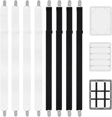 Produktbild von 8 Stück verstellbare Bettlakenspanner, Spannbettlakenhalter für Spannbänder bis 250 cm, elastische Halterung für Bettwäsche, Bügelbrett und Sofa (schwarz, weiß)