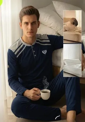 Produktbild von Herren Pyjama Schlafanzug Marineblau M Warm Winter %100 Baumwolle Lang M-85