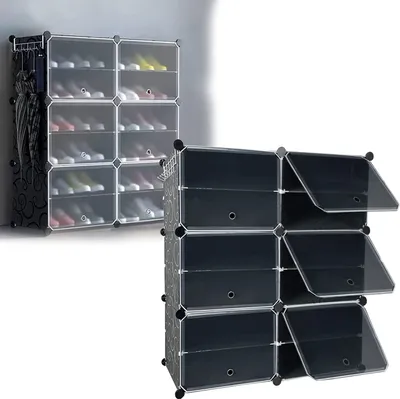 Obrázok produktu pre YARDIN Shoe Rack, DIY Shoe Cabinet Plastic Shoe Storage Obdĺžnikový regálový systém s 12 policami, Shoe Rack Storage Wardrobe s dverami 82x32x93cm (ŠxHxV), čierna