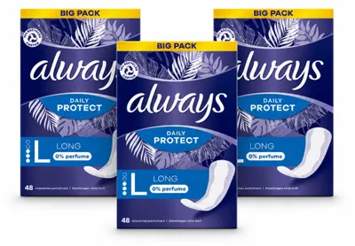 Imagen del producto de 3 unidades de toallas higiénicas diarias Always Daily Protect, sin perfume, paquete económico