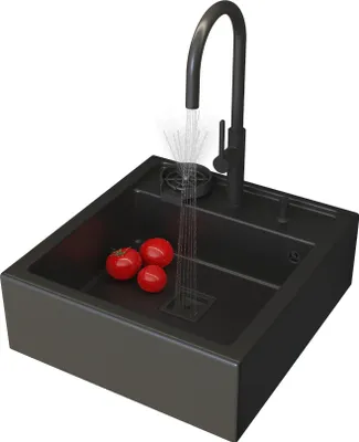 Obrázek produktu pro Granitan | Granitový dřez Scandinavian - černý - vestavný s kuchyňskou baterií a dávkovačem mýdla - praktický a elegantní