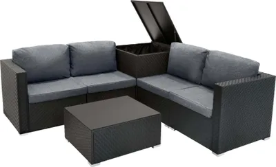 Produktbild von Rattan Modulares Gartenmöbel 6-teiliges Set Serafina Schwarz, 4-Sitzer Sofa, Eckstühle mit Kissen, Tisch mit Glasplatte, 250L Aufbewahrungsbox, waschbare Bezüge, für den Außenbereich, Regenabdeckung