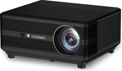A black projector is shown from a front-side angle on a white background.