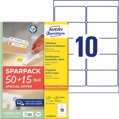 Obrázek produktu pro Avery L4744REV-65, Bílá, Samolepicí štítek, A4, Papír, Laserová/inkoustová tiskárna, Vyjímatelná