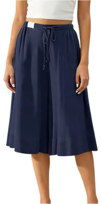 Image de ASKSA - Pantalon en lin pour femmes, coupe 3/4, jambes larges, style Capri, idéal pour l'été, coupe palazzo, élégant et décontracté, léger, pantalon de loisirs avec poches (bleu marine, taille L)