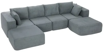 Productafbeelding van Modulaire hoekbank, U-vormige bank met brede en diepe zitting, 2 krukjes, donkergrijs