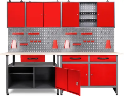Produktbild von Ondis24 Metall Werkstatt Set 240 cm "Schöpfer" rot 2x Werkbank + 2x Schrank Arbeitshöhe 85 cm abschließbar höhenverstellbare Füße Arbeitsplatte Holz Werkstatteinrichtung Packtisch Werktisch Werkstatttisch Montagewerkbank Hängeschrank Werkzeugschrank Werkstattschrank Werkzeugwand Werkstattwand Werkzeughalter Lochblech Lochwand