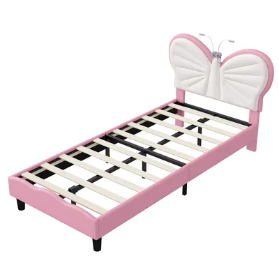 Productafbeelding van Moonbite Prinsessenbed 90x200 cm, roze, met vlinderkopstuk van fluweel en 2 LED-leeslampen, verstelbaar, meisjesbed