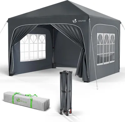 A grey pop-up gazebo tent is shown set up, with its frame and carrying bag also displayed separately.