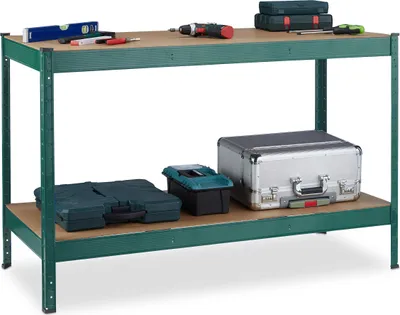 Obrázek produktu pro Dílenský stůl Relaxdays, nosnost 600 kg, VxŠxH: 91 x 141 x 61 cm, 2 nastavitelné police, pracovní stůl, ocel a MDF, dílenská police, zelená