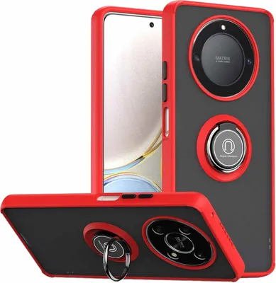 A product shot of a phone case with a ring holder, shown from multiple angles.