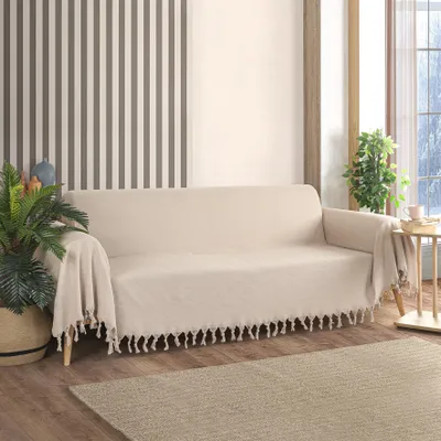 Produktbild von Große Sofadecke 180 x 300 cm, Beige mit Fischgrätmuster und Fransen