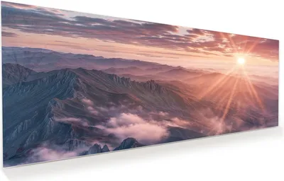 Produktbild von Glasbild 100x40cm in XXL für Wohnzimmer, Schlafzimmer Motiv Sonnenaufgang Berge