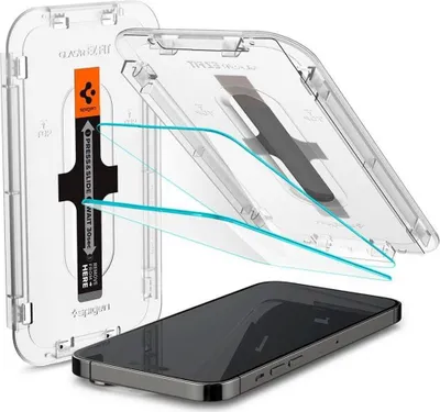 A screen protector kit for an iPhone, showing the application guide and the screen protector itself, with an iPhone in the foreground.