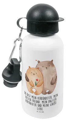 Produktbild von Mr. & Mrs. Panda Trinkflasche Bären Liebe - Weiß - Geschenk, Kuscheln, Sportflasche, Wasserflasche, Verknallt, Blume, Umarmen, Kinder, Hochzeitstag, Kindertrinkflasche