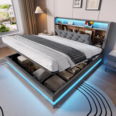 Produktbild von STILVORA Polsterbett 140x200 cm mit hydraulischem Stauraum und multifunktionalem Kopfteil, Samtbett mit LED-Beleuchtung und USB/Type-C-Anschlüssen, Doppelbett mit offenen Ablagen