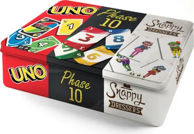 Produktbild von Kartenspiel-Klassiker in Metalldose: UNO, Phase 10 und Snappy Dressers
