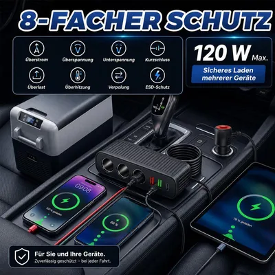 Produktbild von 6-in-1 Zigarettenanzünder Verteiler – 120W, PD QC3.0, 3×12V, 3×USB – Mit Sicherung und 75 cm Kabel – für Auto und SUV