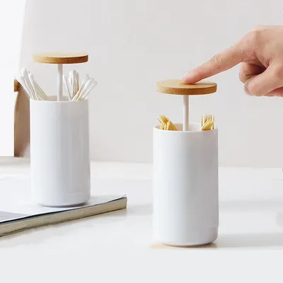 Image de Porte-coton-tiges (1 pièce), distributeur de coton-tiges à bouton-poussoir, kit de rangement pour maquillage, boîte de rangement avec couvercle pour salle de bains, coiffeuse, chambre à coucher, bureau