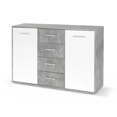 Produktbild von Niedriges Sideboard mit 2 Türen und 4 Schubladen – Weiß und heller Beton – 122,6 x 34,2 x 81,1 cm