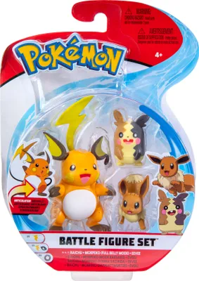 Produktbild von Pokémon - 3-pak figurek bitewnych - Raichu, Morpeko (kartonowy wzór) i Evoli