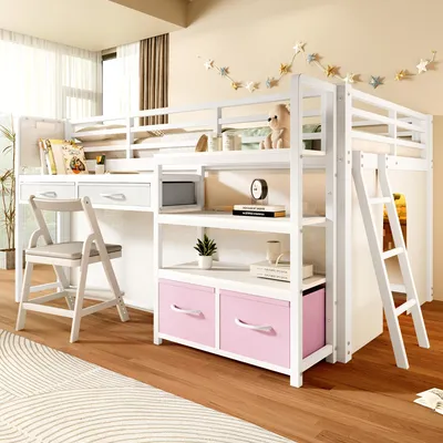 Produktbild von ELANDEPOT Hochbett 140 cm × 200 cm Weiß LED-Beleuchtung Schreibtisch Schubladen Stauraum Regale Metall für Kinder- und Jugendzimmer