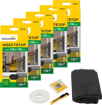 Produktbild von Schellenberg 5er Pack 50715 Fliegengitter für Fenster, Insektenschutz ohne bohren, zuverlässiger Schutz gegen Mücken, Fliegen und Insekten mit Befestigungsband, 130 x 150 cm, anthrazit
