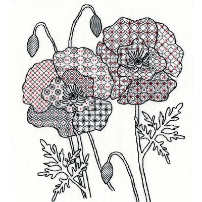 Produktbild von Bothy Threads Blackwork Kreuzstich-Set "Mohn", 30x33cm, XBW4, Zählmuster