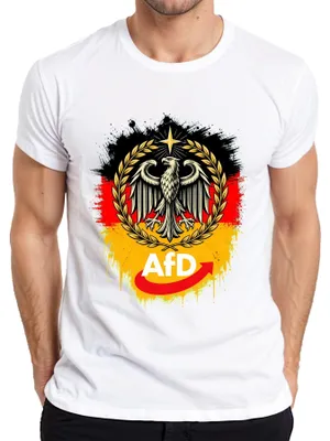 Zdjęcie produktu dla T-shirt męski, biały, rozmiar M. Nadruk: "AfD Deutschland Patriot Bundesadler Schwarz" (Sarkazm)