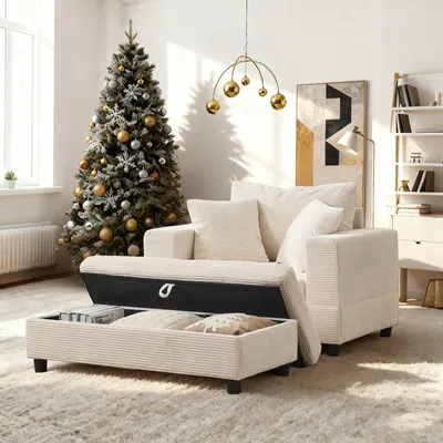 Produktbild von Chaiselongue Fußablage Stauraum Lounge-Sofa 3 Kissen Kordstoff Beige 107x74x57cm