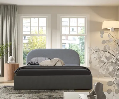 Zdjęcie produktu dla Sofello nowoczesne łóżko tapicerowane MOON szary 140x200 metalowym stelażem i pojemnikiem na pościel Wysokiej jakosci łóżko z tkaniny pluszowej boucle z pojemnikiem na posciel