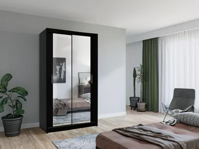 Produktbild von Krudox LUX Schwarz Schiebetürenschrank Kleiderschrank 100x216x62 cm mit Spiegel - Schlafzimmermöbel – Mehrzweckschrank mit 2 Kleiderstangen